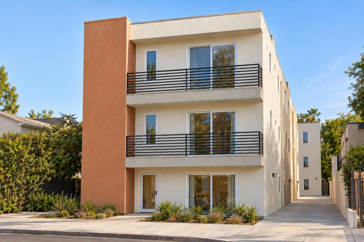 Concept street-front rendering for Hesby with front balconies and a blank accent wall